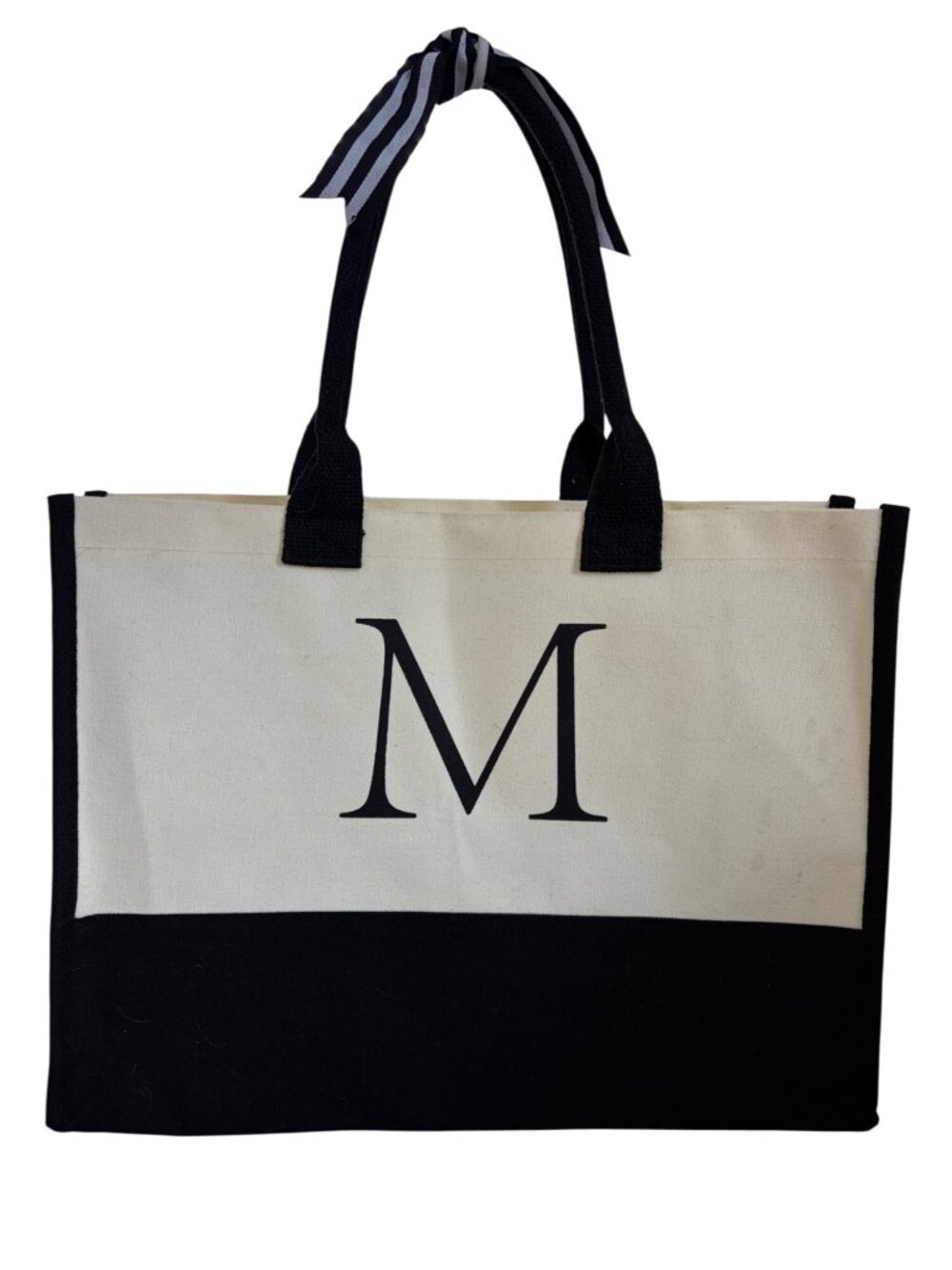 Monogrammed Canvas Tote Bag With Black Trim & Ribbon Handles - Letter M